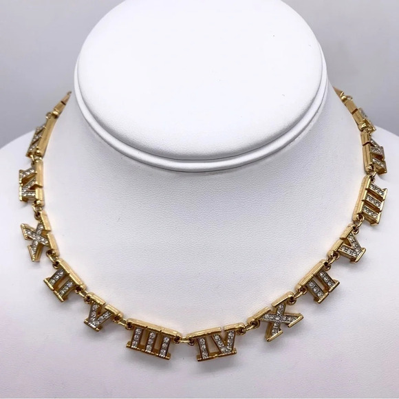 Swarovski Crystal Channel Set Roman Numerals Gold Collar Necklace NWT - Picture 1 of 5